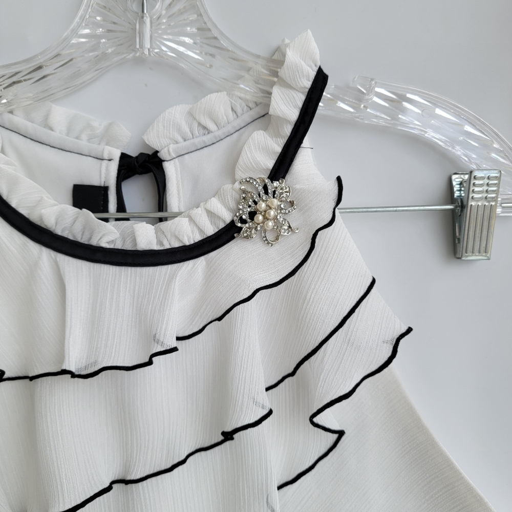 BCX White Sleeveless Sheer Chiffon Ruffle Top Black Trim Women's Size XL Junior - Picture 2 of 11